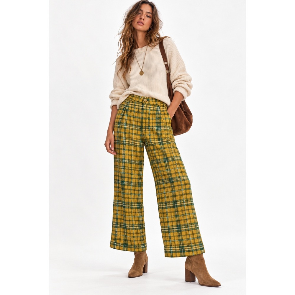 Free People Yellow Green Plaid Wide Leg Cotton Pants High Rise Size 2